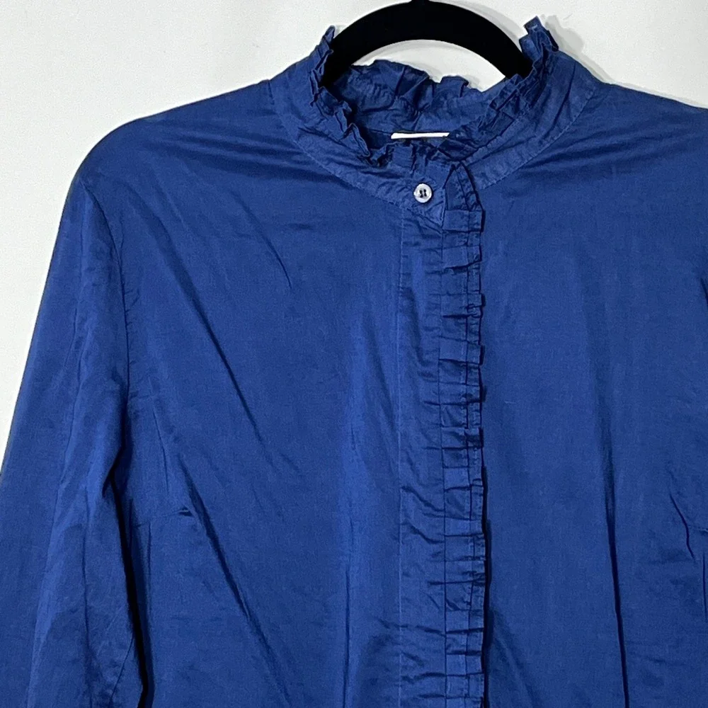New York & Company Navy Blue Ruffle Front Cotton Blouse XL Long Sleeve Top